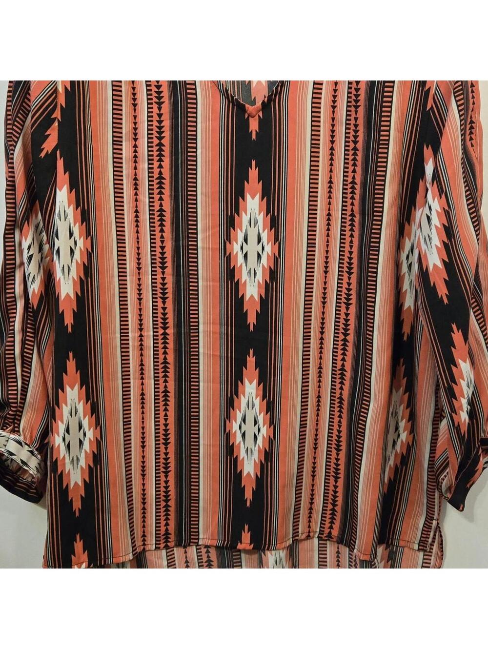 Rock & Roll Cowgirl Women's Aztec Print V-Neck High-Low Tunic Blouse